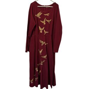 Eshakti wayward fancies maxi dress embroidered gold birds red 1X 18W wearable ar